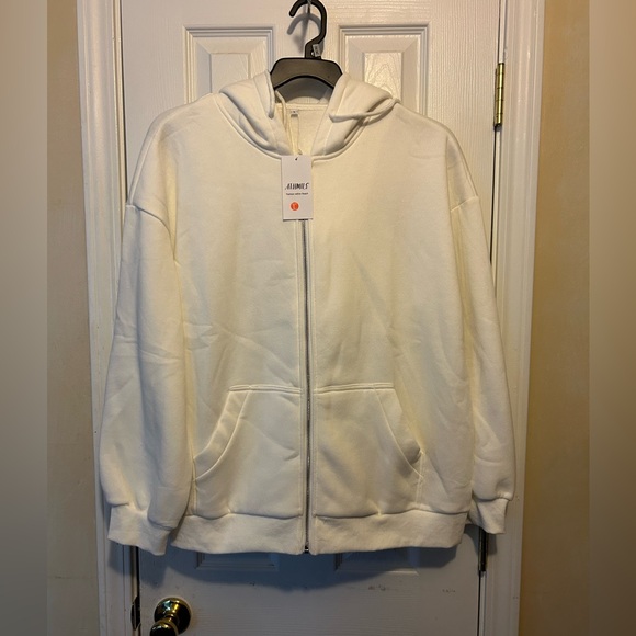 Women👱🏽‍♀️ Oversized Zip Up White Sweatshirt Hoodie Jacket Sz L - Picture 2 of 11